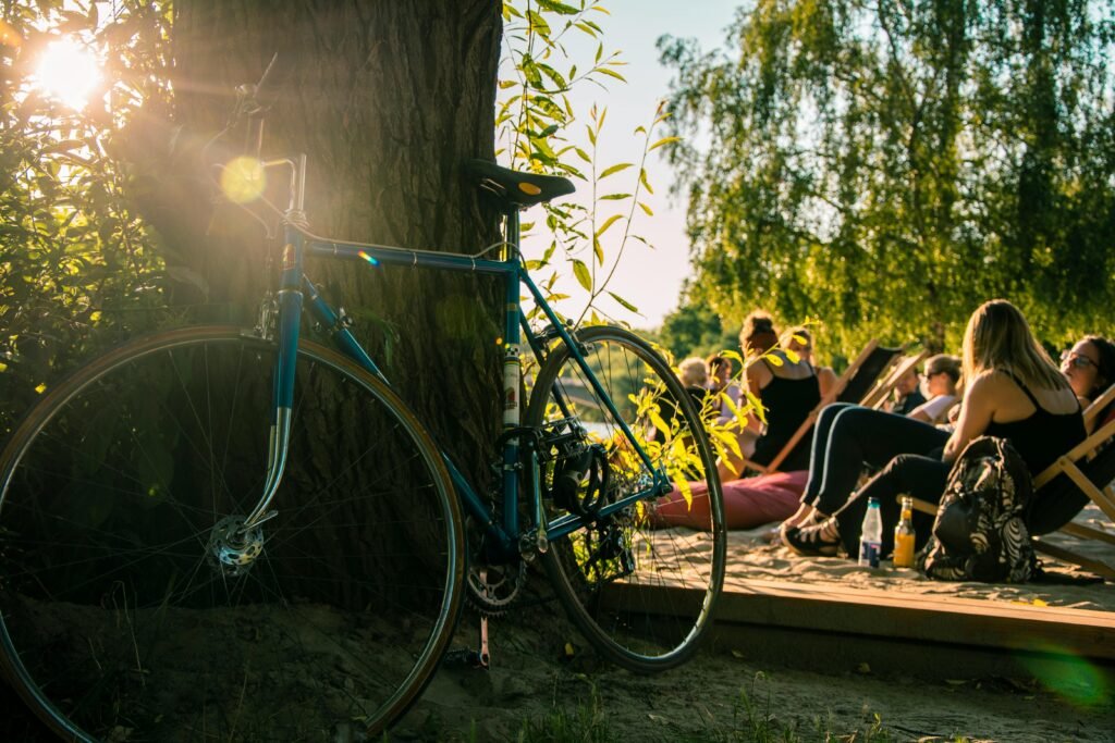 Bicycle leaning against tree in sunny park, friends lounging nearby in summer.