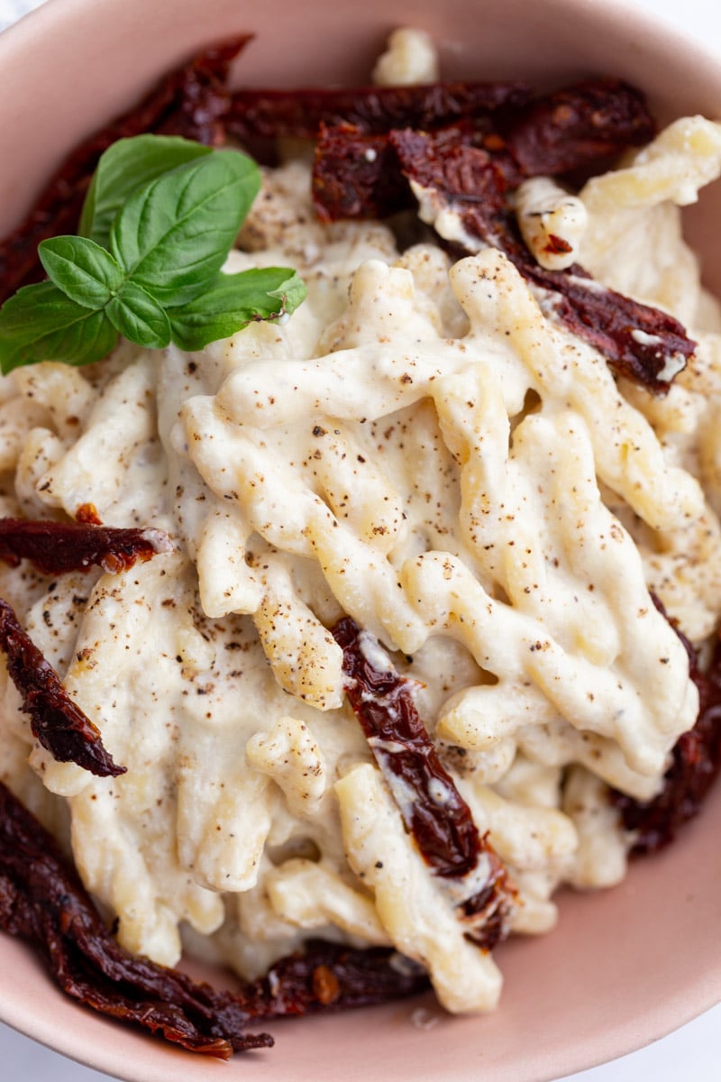 spiral pasta with creamy white sauce and topped with sun dried tomatoes
