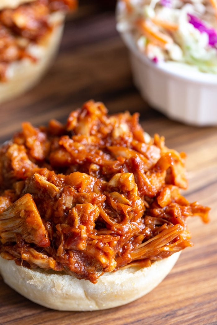 jackfruit pulled pork on a bun and topped with bbq